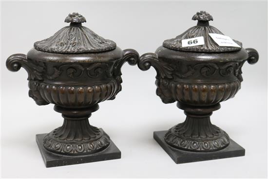 A pair of small iron urns